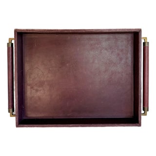 Global Views Burgundy Leather Executive Desk Tray With Leather Wrapped Handles For Sale