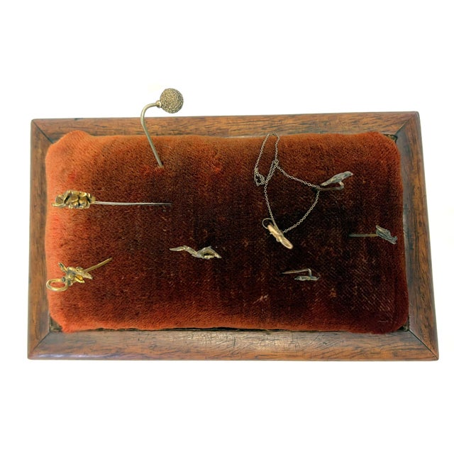 Brown 19th Century Antique Rosewood Sewing Box With Velvet Top and Assorted Pins For Sale - Image 8 of 18