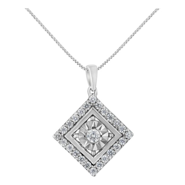 10KT White Gold 1/2 cttw Diamond Square Pendant Necklace (I-J Color, I2-I3 Clarity) For Sale