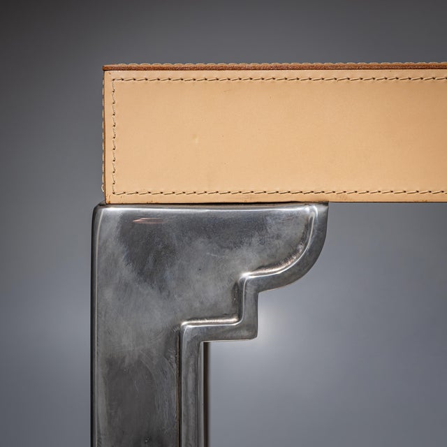 Beige Console Table in Leather and Stainless Steel, 2000s For Sale - Image 8 of 9