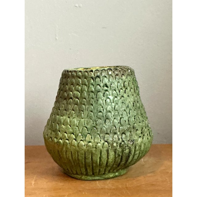 Ceramic Vintage Green Textured Ceramic Vase For Sale - Image 7 of 12