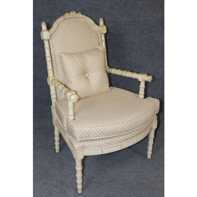 Textile Pair of Painted Faux Bamboo Hollywood Regency French Inspired Armchairs For Sale - Image 7 of 13