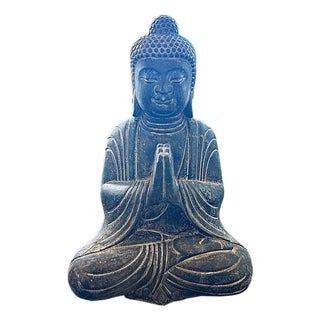 24" Distressed Black Brown Cross Legs Peaceful Hands Stone Buddha Statue For Sale