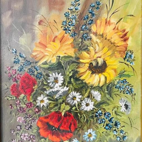 A beautiful baroque oil painting of a large bouquet of flowers, painted by N. Witjes in the 1960s. This vintage flower...