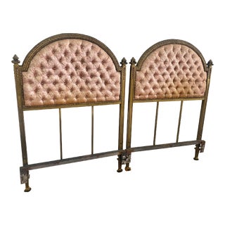 Pair of French Antique Twin Headboards Brass and Silk Upholstery 1850’s For Sale