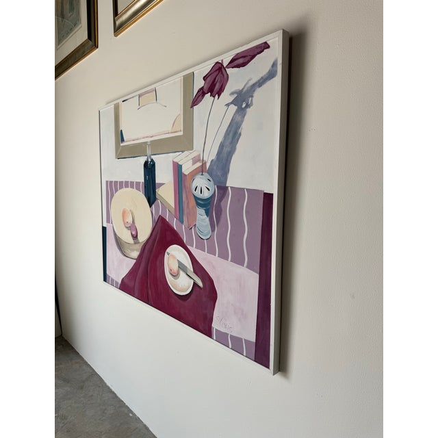 Large - 1993 Vintage Still Life “Stripe Cloth” Oil Painting by S. Lewis/ Sold For Sale - Image 4 of 11