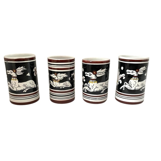 Vintage Antica Siena Italian Pottery Black White Deer Cups or Vases - Set of 4 For Sale - Image 4 of 6