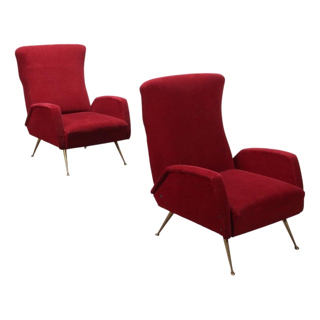 Set of Vintage Lounge Chairs in Fabric Foam and Brass, 1950s For Sale