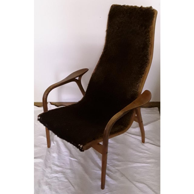 Vintage Swedish Oak Plywood, Linen & Brown Plush Armchair by Yngve Ekström for Swedese, 1965 For Sale - Image 12 of 13