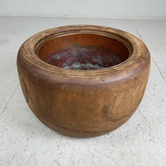 Beautiful Japanese wooden hibachi with original copper lining, from the Meiji period, around 1868-1912. Hand-carved,...