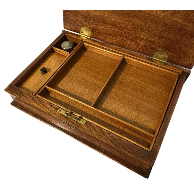 Victorian Antique Victorian English Tiger Oak Book Form Lap Desk/Stationery Box W/Inkwell For Sale - Image 3 of 12