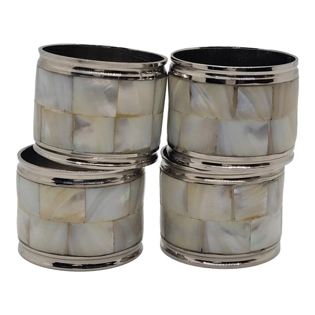 Late 20th Century Mother of Pearl Napkin Rings Silver Tone Mosaic Shell Table Decor - Set of 4 For Sale