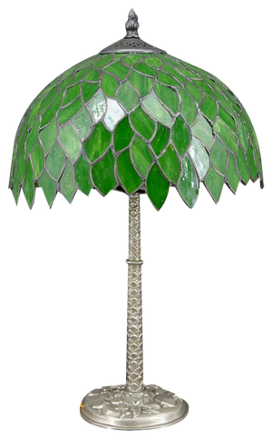 Palm Lamp in Silvered Bronze and Green Stained Glass, 1890s
