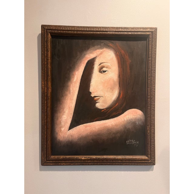 1970s Vintage 1979 Signed Oil Portrait | Moody Chiaroscuro Woman With Auburn Hair | Framed Mid-Century Style Wall Art For Sale - Image 5 of 7