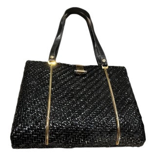 An Amazing 1960s Black Woven Wicker and Brass Italian Hand Bag For Sale