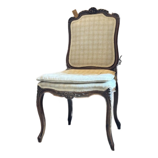 Antique French Style Carved Side Chair Upholstered in a Tan Plaid For Sale