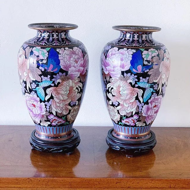 Pair (two / 2) of Chinese Cloisonné Vase of Peonies and Butterflies on Black of Pink Blue Purple Enamel and Brass (bases...