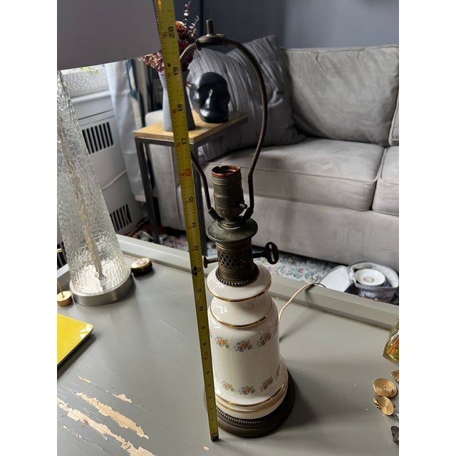 Cream Vintage Ivory Porcelain Floral Oil Brass Lamp Converted to Electric Lamp 20” For Sale - Image 8 of 8