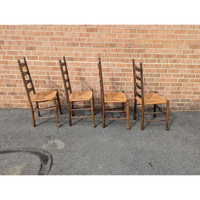 Vintage Set of Four Colonial-Style Ladderback Dining Chairs With Rush Seats | Farmhouse, Shaker, French Country Style For Sale In Washington DC - Image 6 of 6