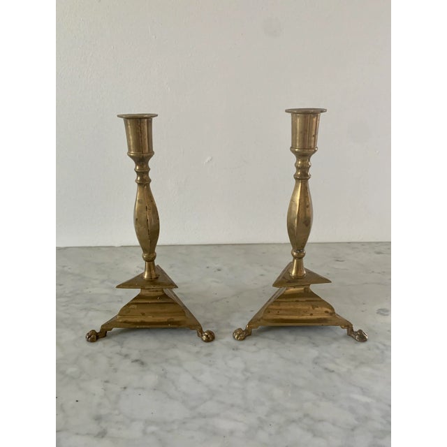English Pair of Neoclassical Brass Paw Foot Candlesticks For Sale - Image 3 of 10