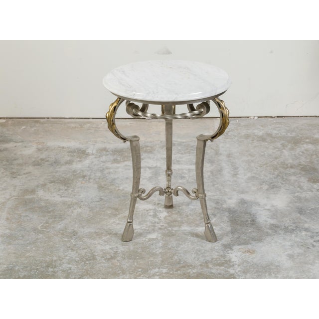 Metal Italian Midcentury Steel Side Table with Circular White Marble Top and Hoof Feet For Sale - Image 7 of 10