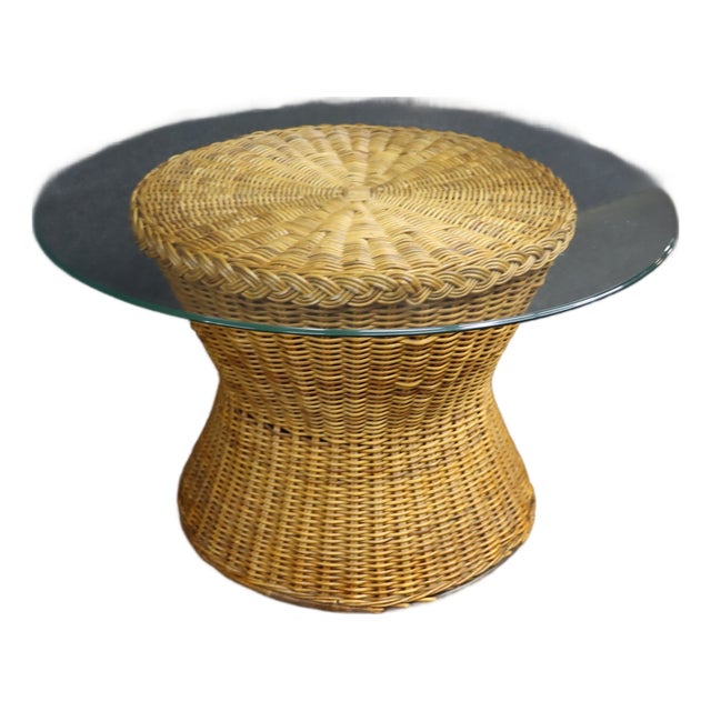 Mid-Century Modern Wicker Hourglass Coffee Table With Glass Top For Sale