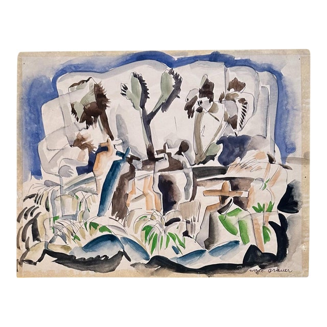 William C Grauer, 1895-1985, Untitled (Cacti and Mexicans) Ink and Watercolor on Paper 1940s For Sale