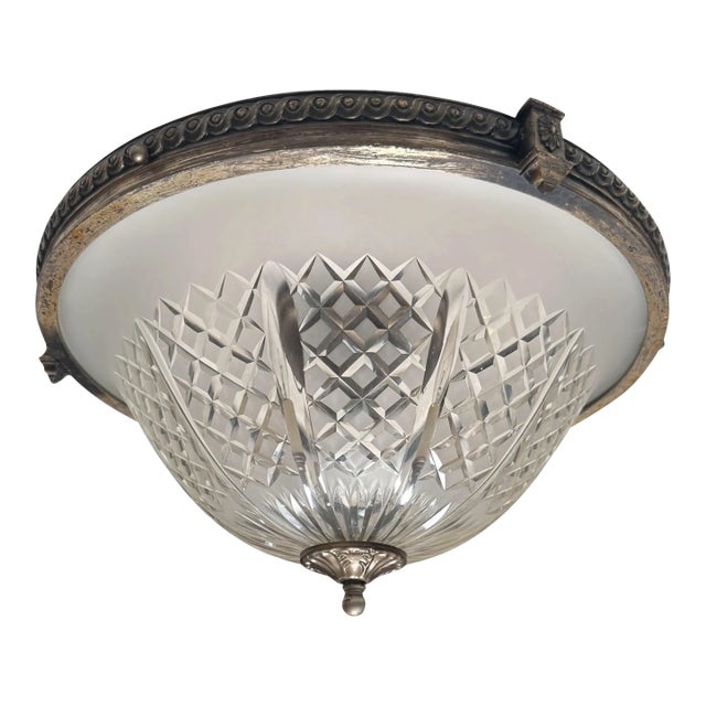 Antique Art Deco Cut Crystal Flush Mount Ceiling Light Fixture For Sale