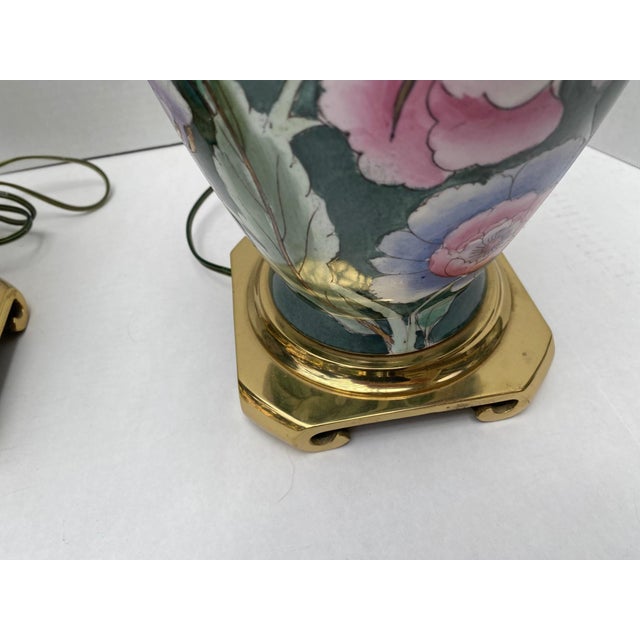 Vintage Chinoiserie Green Ceramic Floral Table Lamps With Brass Bases a Pair For Sale - Image 6 of 18