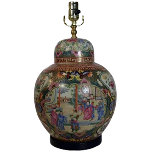 Vintage Hand-Painted Porcelain Lamp With Chinoiserie From 1970s, China