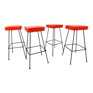 Mid-Century Modern Red Vinyl & Iron Bar Stools - Set of 4 For Sale