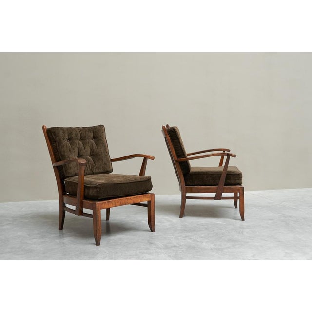 1940s Vintage French Lounge Chairs in Oak and Velvet, 1940s, Set of 4 For Sale - Image 5 of 11
