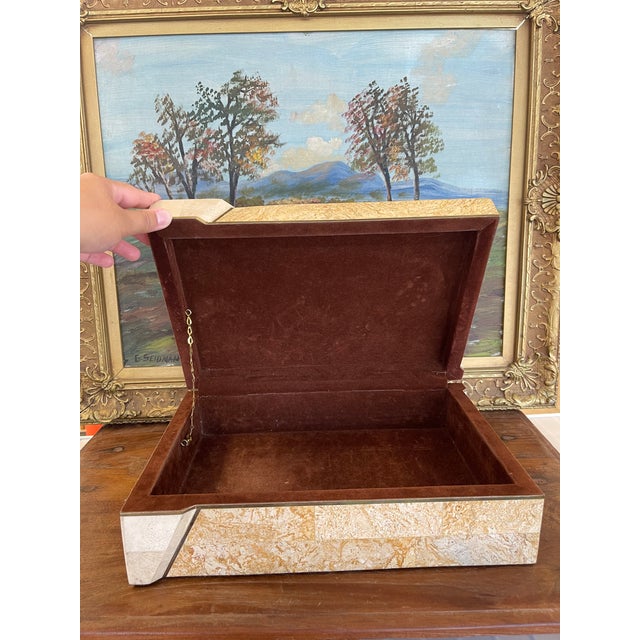Textile Vintage Possibly Tessellated Stone and Brass Toned Inlay Jewelry or Keepsake Box With Velvet-Like Interior. For Sale - Image 7 of 10