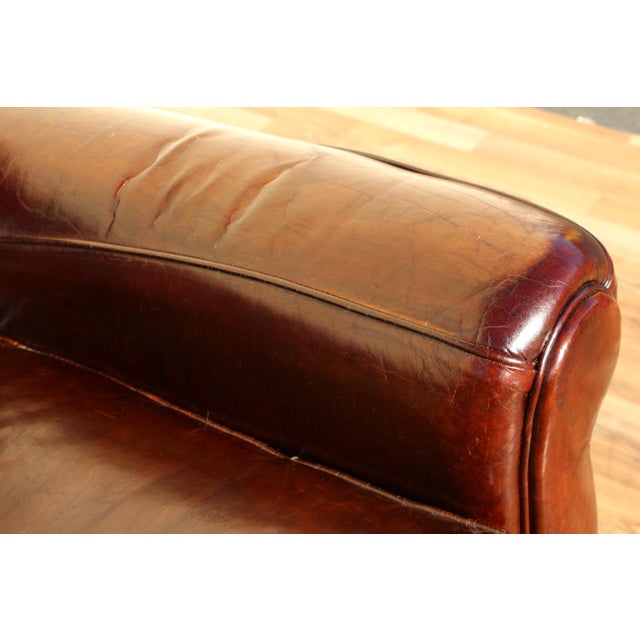 Brown Vintage Art Deco Distressed Brown Leather Three-Seat Sofa With Mustache Back For Sale - Image 8 of 18