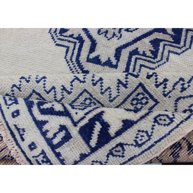Vintage Turkish Oushak Rug Featuring Deep Indigo and Ivory Geometric Medallion For Sale - Image 10 of 12
