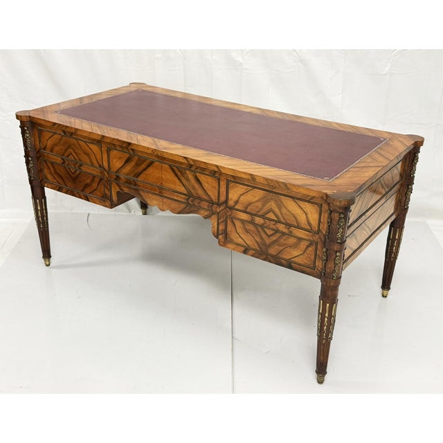 Wood Antique Italian Louis XVI Walnut Bronze Leather Partner’s Writing Desk For Sale - Image 7 of 18