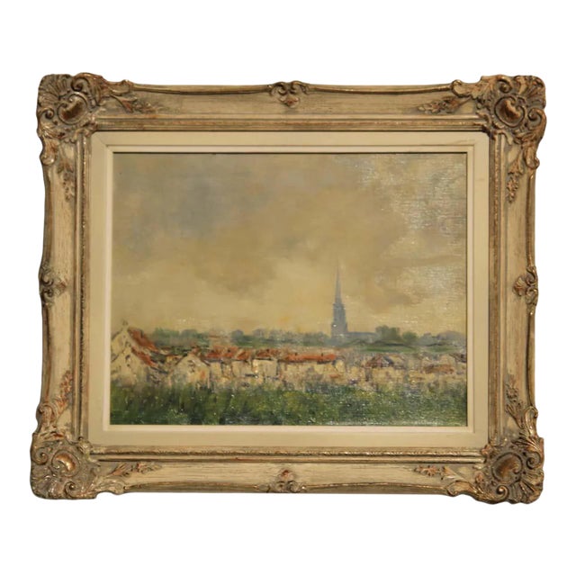 Early 20th Century Impressionist Style Landscape of Town and Church Oil Painting, Framed For Sale