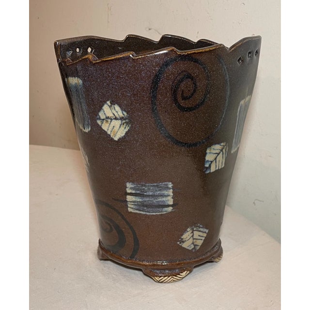 Tall Unique Vintage Handmade Signed Rs Glazed Brown Swirl Art Pottery Vase For Sale - Image 10 of 14