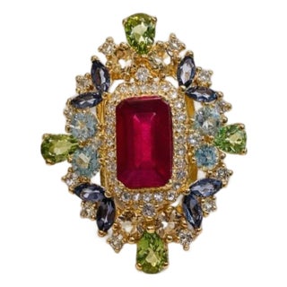 Bochic “Capri” Vintage Ruby, Sapphire & Tanzanite Cocktail Ring — 18K Gold & Silver For Sale