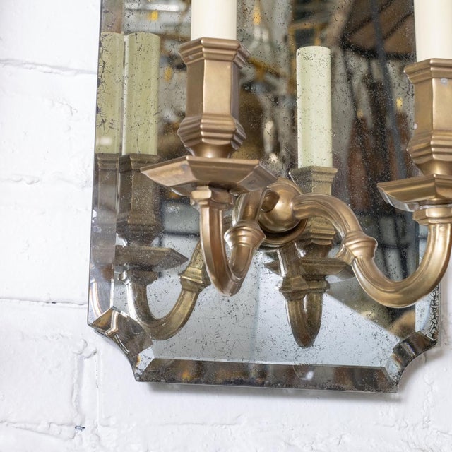 Beveled mirror and cast brass two-arm sconces For Sale - Image 11 of 12