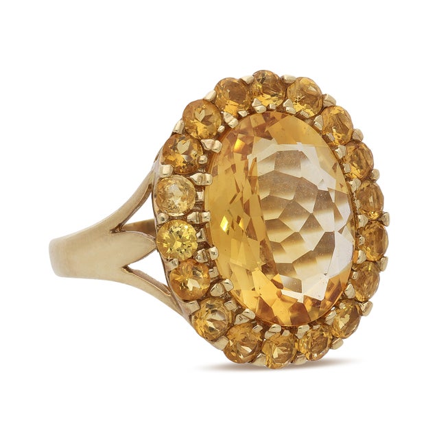 14K Vintage Gemstone Ring 14KY Oval Checkerboard Cut Citrine 17x12mm ~11ct) Oval Citrine w/ (18) Round Citrine side stones...