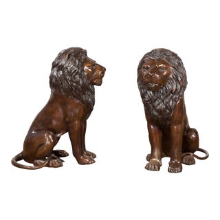 Contemporary Lost Wax Cast Outdoor Sitting Lions with Dark Bronze Patina - A Pair For Sale