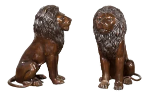 Contemporary Lost Wax Cast Outdoor Sitting Lions with Dark Bronze Patina - A Pair