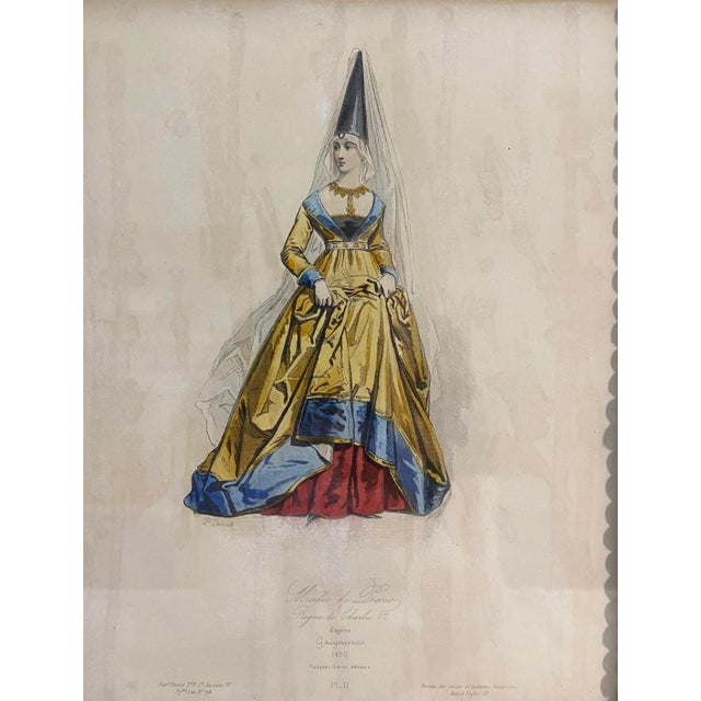 Renaissance Antique French Fashion Engraving "Modes De Paris" of Woman in 1450's Dress For Sale - Image 3 of 12