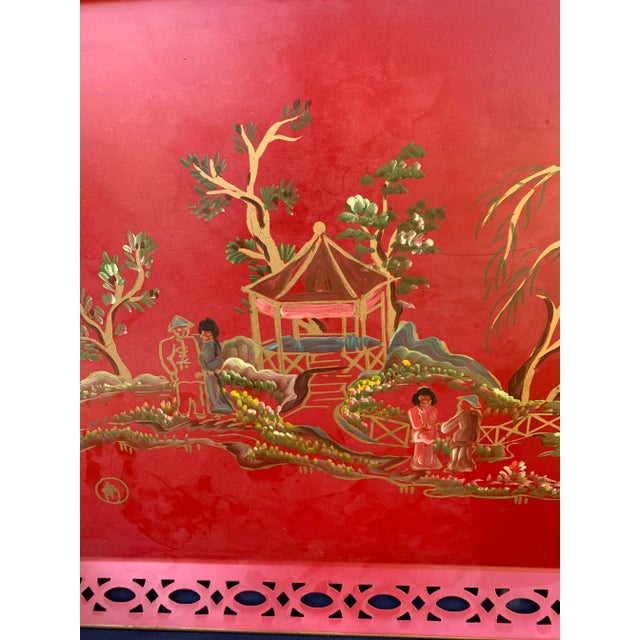 Red Vintage Red Hand Painted Chinoiserie Tole Tray For Sale - Image 8 of 12