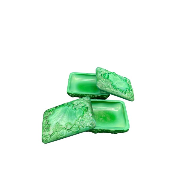 Boho Chic Vintage Malachite Glass Carved Trinket Boxes - a Pair For Sale - Image 3 of 7