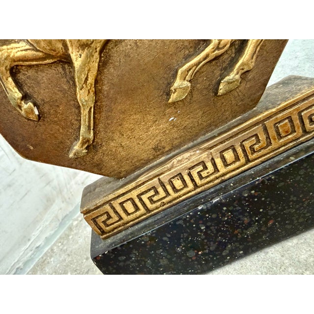 Rare 1930’s Italian Regency Equestrian Bookends by Borghese With Horse & Greek-Key Design in Gold Gilt on a Black Faux Granite Base- A Pair For Sale - Image 11 of 12