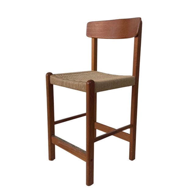 Available PAIR of teak and papercord counter high stools brass accent on the front/ Sturdy construction