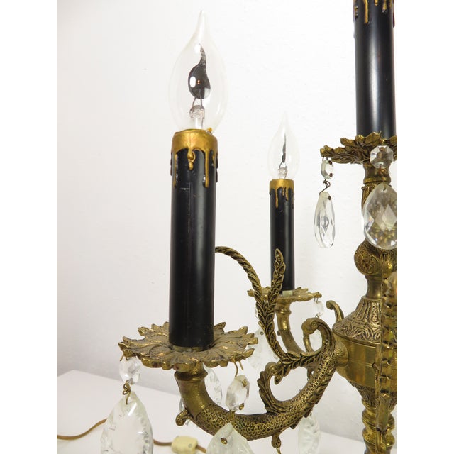 Mid-Century Modern Hollywood Regency Spanish Brass 5 Arm Candelabra Table Lamp on Italian Marble For Sale - Image 3 of 17