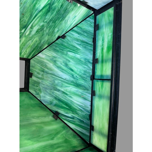 Early 20th Century Mission Arts & Crafts Style Metal Framed Slag Glass Floor Lamp Carved Wood Base For Sale - Image 9 of 10